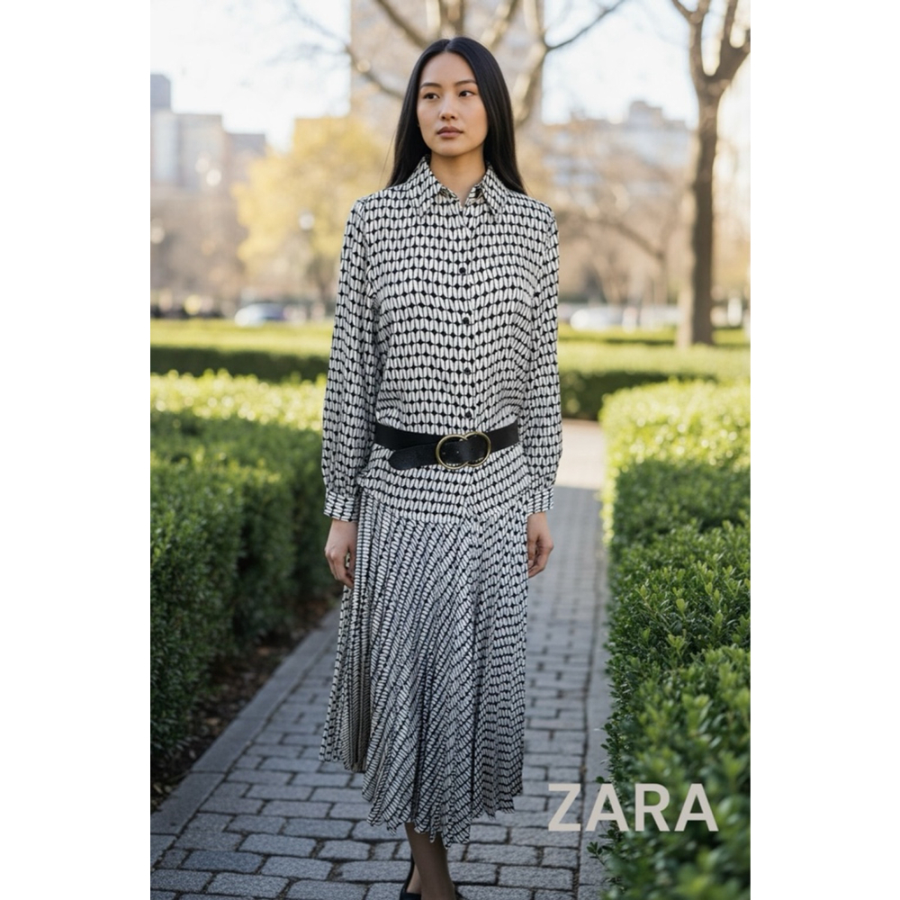 ZARA Black & White Geometric Long Sleeve Skirt and Blouse S-M